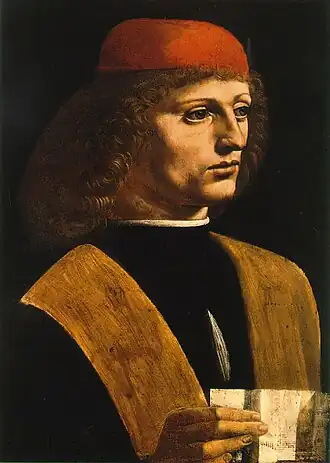 Peinture d'un homme vu de trois quart face et portant une partition à la main