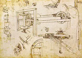 Dessin du grand treuil de sol réversible. Léonard de Vinci, Le cabestan à trois vitesses de Brunelleschi, vers 1480, Biblioteca Ambrosiana.