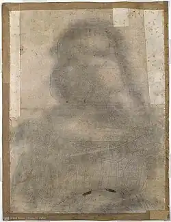 Feuille de papier portant le contour d'un dessin, visible par une ombre et un piquage.