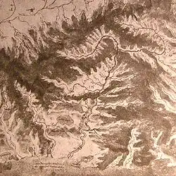 Carte relevant des cours d'eau au milieu de reliefs.