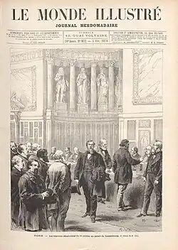 Gravure de presse montrant des hommes votant dans un hémicycle.