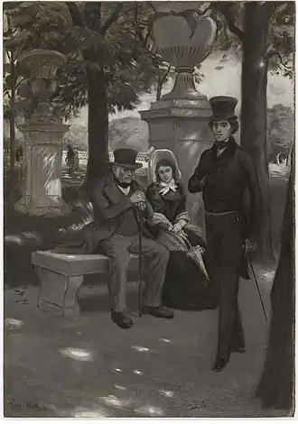 Jean Valjean, Cosette et Marius au jardin du Luxembourg. Illustration de Jeanniot, 1891.