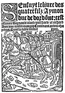 Première page en noir et blanc d'un imprimé avec le titre en lettres gothiques annonçant le récit des quatre fils Aymon et un dessin les représentant chevauchant Bayard