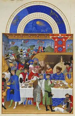 Mois de janvier, scène de repas chez le duc, Les Très Riches Heures du duc de Berry.
