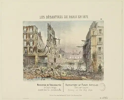 No&nbsp;67 : les ruines du Tapis Rouge après son incendie par la Commune en 1871.