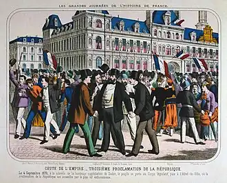 Dessin en couleurs montrant une foule massée devant un bâtiment, certains hommes brandissant des drapeaux tricolores.