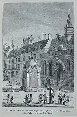 Statue Monsieur Legris, d'après une gravure de Jean Marot, Les rues du Vieux Paris, Victor Fournel, 1879.