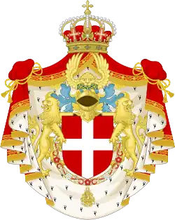 Petites armes des rois d'Italie : la Couronne de fer est représentée sur le casque royal.