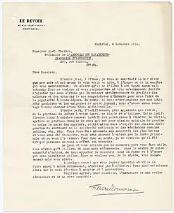 Lettre d'appui d'Henri Bourassa à l'A.-T. Charron.