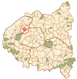 Vue de la commune de Levallois-Perret en rouge sur la carte de Paris et de la « Petite Couronne ».