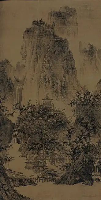 Un temple solitaire parmi les pics clairs. Li Cheng vers 960. Encre sur soie. 111&nbsp;×&nbsp;56&nbsp;cm. Musée d'art Nelson-Atkins, Kansas City.
