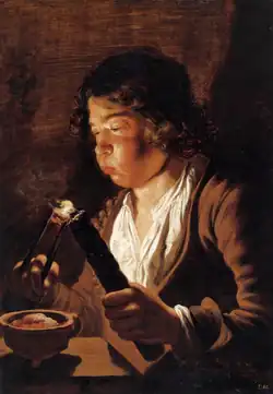 Les quatre éléments et les âges de l'homme : le feu et l'enfance, peinture de Jan Lievens (1668).