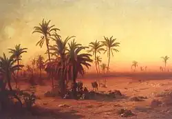 Tableau. Personnages et animaux blottis sous deux gros palmiers. Fins datiers dispersés. Sol rouge-orangé, ciel jaune