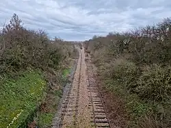 Vue depuis le pont de la D 921 à Pithiviers, des lignes d'Étampes à Beaune-la-Rolande (à gauche) et des Aubrais - Orléans à Malesherbes (à droite).