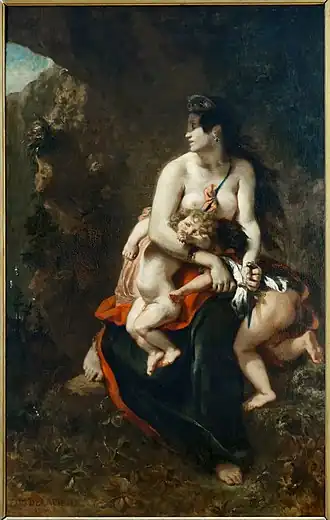 Dans une grotte, Médée, les seins nus, le visage tourné vers la droite à demi masqué par une ombre, enserre et retient ses deux fils tandis qu'elle tient un couteau de sa main gauche.