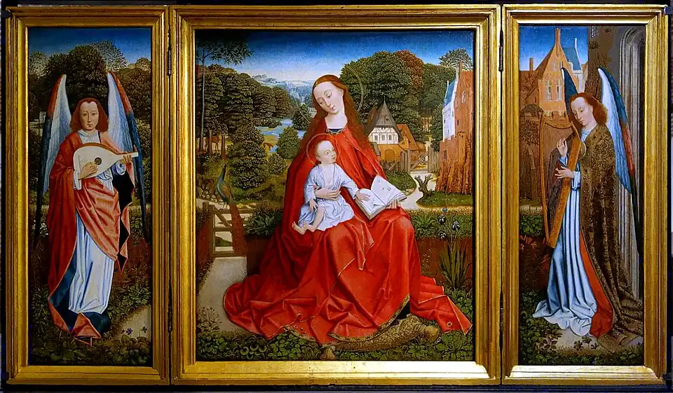 Triptyque de la Vierge à l'enfant entourée d'anges musiciens (vers 1490), Maître au feuillage en broderie.