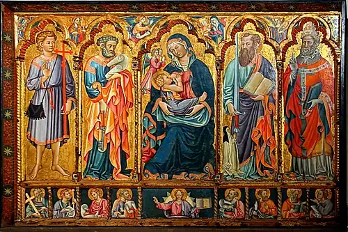 La Vierge allaitant entourée de plusieurs saints (début du XVe&nbsp;siècle), Maître de Santa Barbara a Matera.