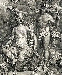 Apollon et la Terre-Mère par Jan Wandelaar. Frontispice  du Hortus Cliffortianus de Linné (détail).