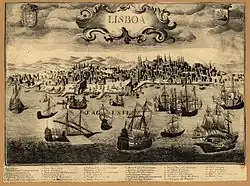 Gravure représentant la ville de Lisbonne au XVIe&nbsp;siècle.