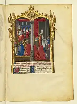 Le pape au milieu d'une assemblée à gauche et bénissant une lettre à droite.