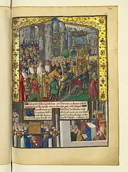 Grande scène de procession de funérailles, avec deux petites scènes de dépôt du cercueil de saint Louis.