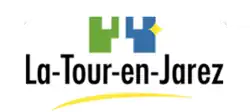 Le logo de la commune composé d'un symbole vert et bleu avec, en dessous de ce-dernier, le nom du village.