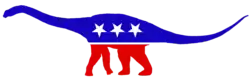 Logo aux couleurs du parti démocrate en forme de diplodocus (au lieu d'âne).