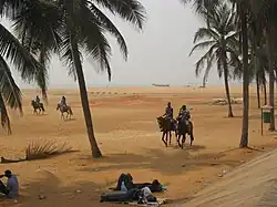Deux cavaliers dans un paysage de désert avec des palmiers