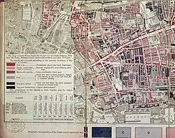 Plan de Whitechapel. Détail d'une carte décrivant la pauvreté dans l'East End, 1887.