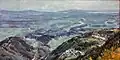 Vue depuis Dharamkot : McLeod Ganj, Basse Dharamsala et la rivière Beas. Œuvre d'Alfred Hallett, 1980
