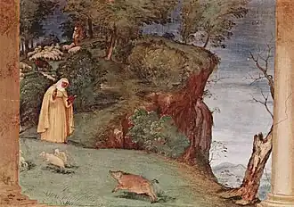 Sainte Brigitte protégeant un troupeau de moutons d'un sanglier.