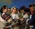 Peinture : échange de regards dans une foule compacte, trois femmes et trois hommes