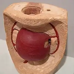 4. Le moule réfractaire, ici en argile, contenant un modèle (une pomme) en paraffine. Le noyau est rempli de matériau réfractaire.