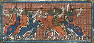 Miniature du XIVe siècle représentant deux troupes de chevaliers en armure s'affrontant, dont l'un est équipé et harnaché aux armes de France et l'autre aux armes de Normandie.