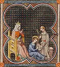 Enluminure montrant le jeune Louis IX assis avec un livre à la main, devant un prêtre qui pointe l'ouvrage du doigt. Blanche de Castille, assise sur une chaise, les observe.