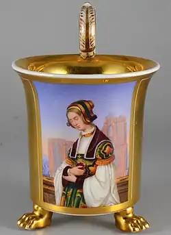 La fidèle sur la peinture en porcelaine d'une tasse à pattes, XIXe&nbsp;siècle.