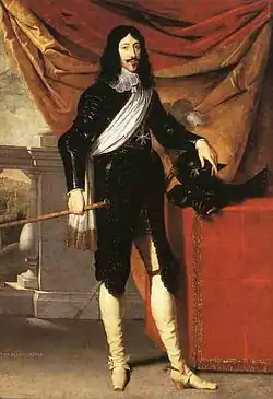 Louis XIII portant une perruque typique de la première moitié du XVIIe&nbsp;siècle.