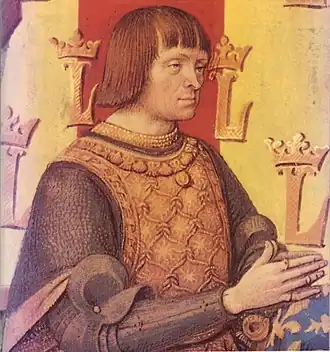 Miniature de la Cosmographie de Claude Ptolémée attribuée à Jean Bourdichon (BnF Manuscrit Latin 4804, fo&nbsp;1) représentant le roi en prière (détail).