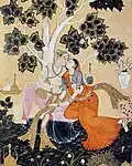 Couple d'amoureux dans un jardin. Miniature deccanaise du début du XVIIe&nbsp;siècle. Palais de Topkapı, Istanbul.