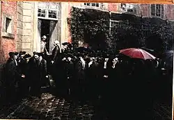 Le 20 juin 1789, les députés du Tiers-État attendent qu'on les laisse entrer, sous la pluie, devant l'hôtel des Menus-Plaisirs.