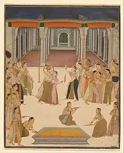 L'empereur moghol Jahângîr célébrant Holi au Zenana. Miniature du XIXe siècle.