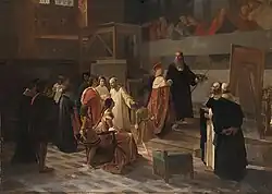 Ludovico il Moro rend visite à Léonard de Vinci dans le réfectoire de Santa Maria delle Grazie, milieu du XIXe&nbsp;siècle, Cherubino Cornienti. Derrière la blonde Moro, la duchesse Béatrice d'Este et le cardinal Ascanio admirent l’œuvre absorbée.