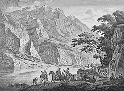 Gravure représente les Cosaques et l’armée régulière russe franchissant le lac du Klöntal