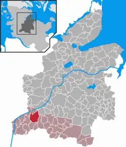 Carte de l'arrondissement de Rendsburg-Eckernförde. La commune de Lurtjenwestedt est au sud-ouest de l'arrondissement en surbrillance.