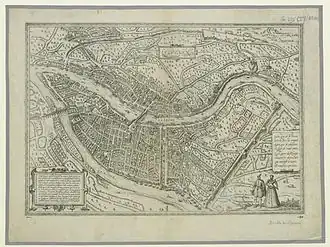 Carte de Lyon (en noir et blanc) en 1572 : point de vue depuis le nord-est, seuls la presqu'île, le Vieux Lyon et les premières pentes de la Croix-Rousse sont urbanisés
