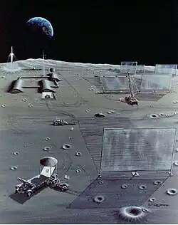 Emetteurs micro ondes sur la lune, grue robotique, rover télécommandé.Illustration Nasa