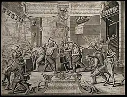 Des têtes de femmes sont reforgées dans l'atelier de Lustucru, représentant un remède brutal à la « folie » des femmes. Gravure par Campion, 16e siècle.