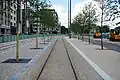 Plate-forme en cours de finition dans l'allée Scheffer, en mai 2018. Seule la voie à gauche de l'image sera engazonnée, celle de droite sera neutralisée durant la Schueberfouer.