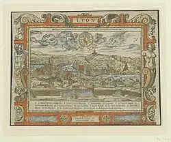 Dessin en couleur représentant Lyon vue depuis la Croix-Rousse.