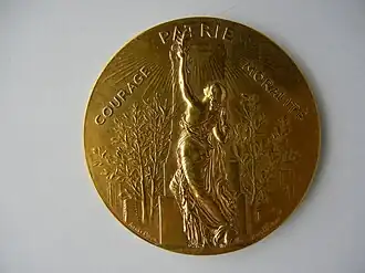 Union des sociétés de gymnastique de France fondée le 28 septembre 1873. Patrie, courage, moralité, médaille en argent vermeil, recto.